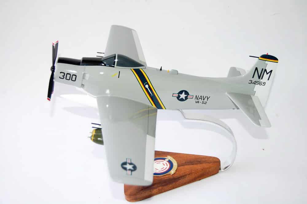 VA-52 Knightriders A-1H Skyraider Model, AD6  Navy, 1/33 Scale Model, Mahogany