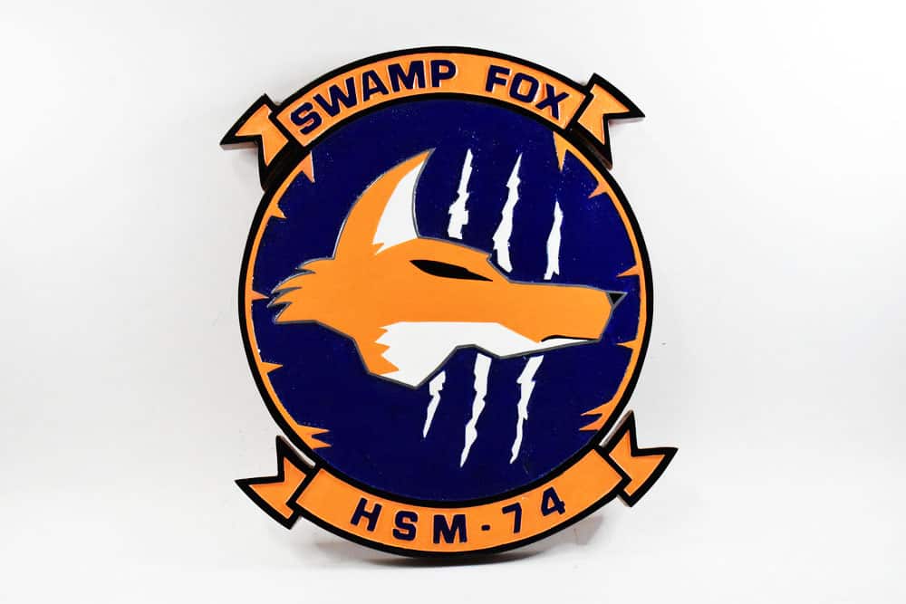 HSM-74 Swamp Fox Plaque, 14″, Mahogany, Navy