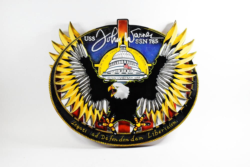 SSN-785 USS John Warner Plaque, 14″, Mahogany, Navy